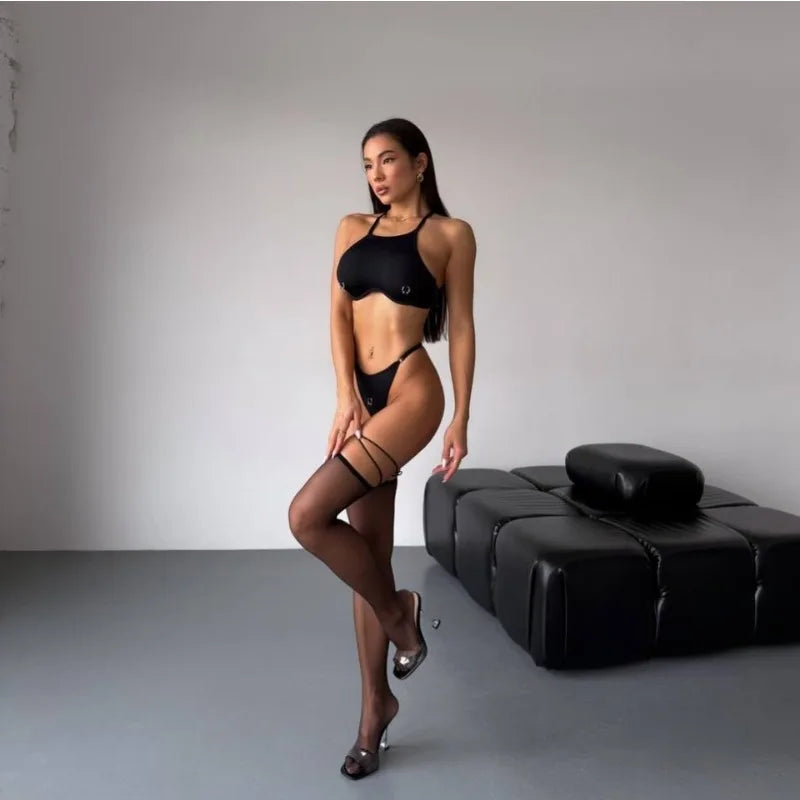 Toucheart Bikini Metal Decor Solid Color Triangle Body Shaping High Waisted Leisure Delicate Intimate Split Swimsuit Kit