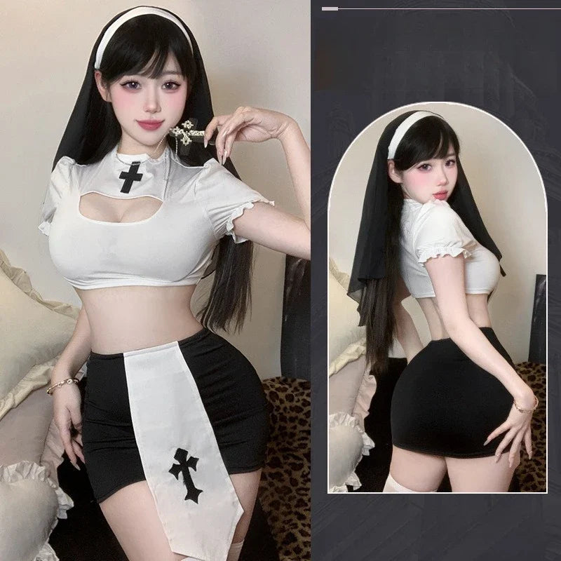 Toucheart Cosplay Nun's Uniform Set Slim High Waisted Plunge Nun's