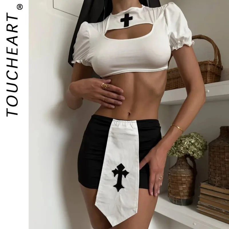 Toucheart Cosplay Nun's Uniform Set Slim High Waisted Plunge Nun's