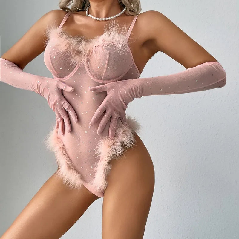 Toucheart Elegant Bodysuit with Gloves Feather Set Backless Romantic Charming Cute Bodysuit Set