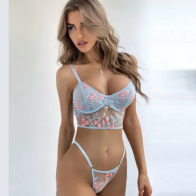 Toucheart Lace See-through Underwear Panty Embroidery Floral Super Stretchy Underwear Set