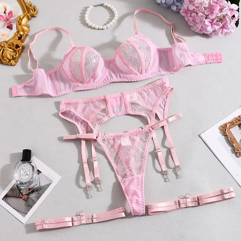 Toucheart Lace Lingerie Panty Solid Color Plunge See-through Romantic Underwear Cute Set