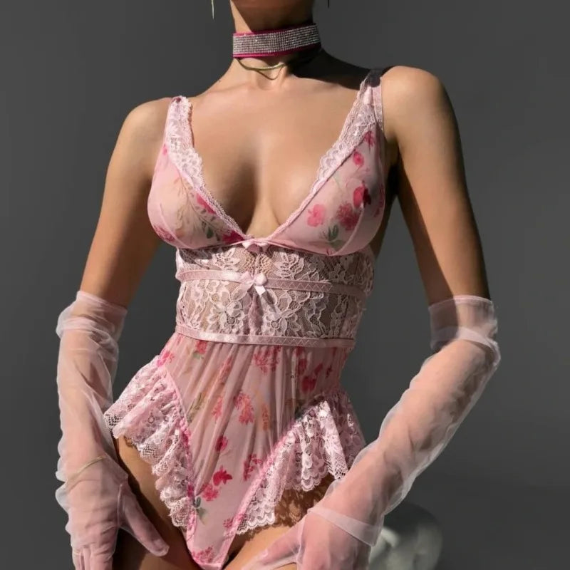 Toucheart See-through Lace Bow Knot Underwear Dress Backless  Broken Flowers Skirt