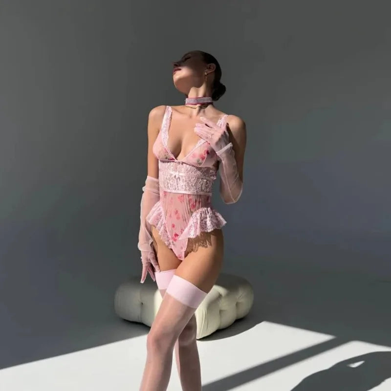 Toucheart See-through Lace Bow Knot Underwear Dress Backless  Broken Flowers Skirt
