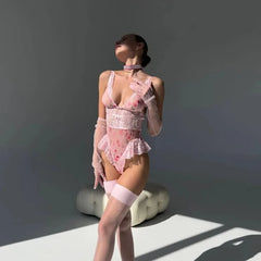Toucheart See-through Lace Bow Knot Underwear Dress Backless  Broken Flowers Skirt
