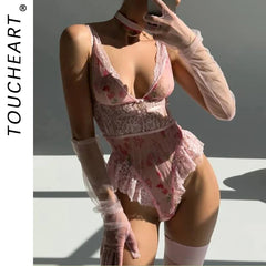 Toucheart See-through Lace Bow Knot Underwear Dress Backless  Broken Flowers Skirt