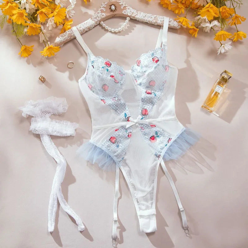 Toucheart Bodysuit Lace Printing See-through Plunge Romantic Girls Leisure Sling Jumpsuit Set