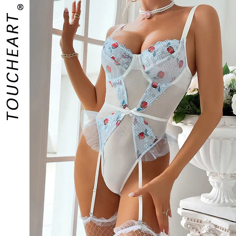 Toucheart Bodysuit Lace Printing See-through Plunge Romantic Girls Leisure Sling Jumpsuit Set