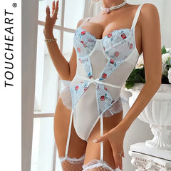 Toucheart Bodysuit Lace Printing See-through Plunge Romantic Girls Leisure Sling Jumpsuit Set