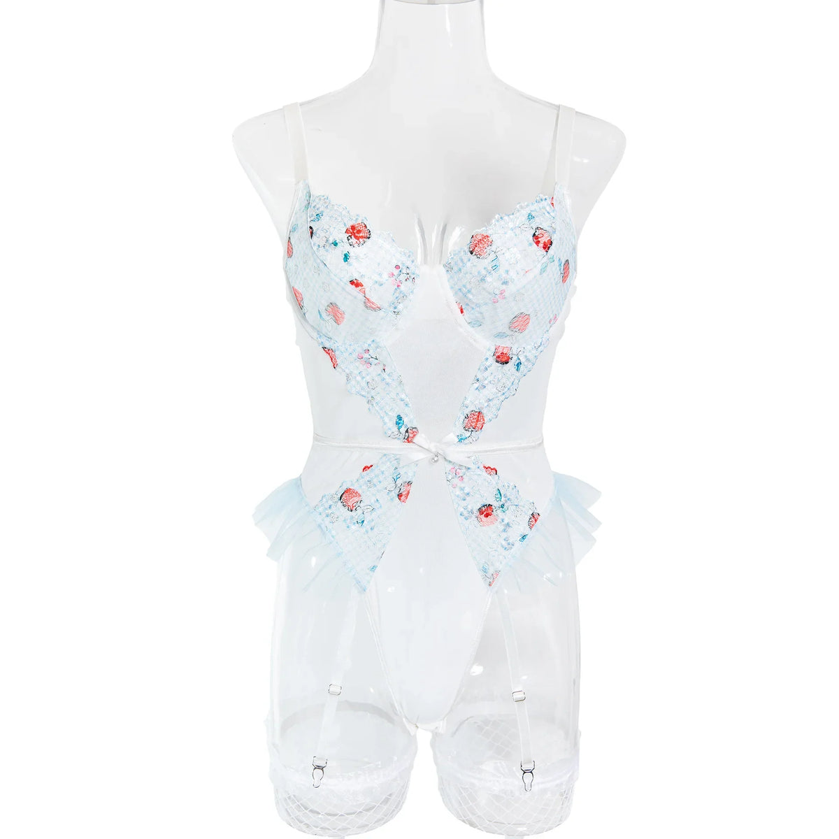 Toucheart Bodysuit Lace Printing See-through Plunge Romantic Girls Leisure Sling Jumpsuit Set