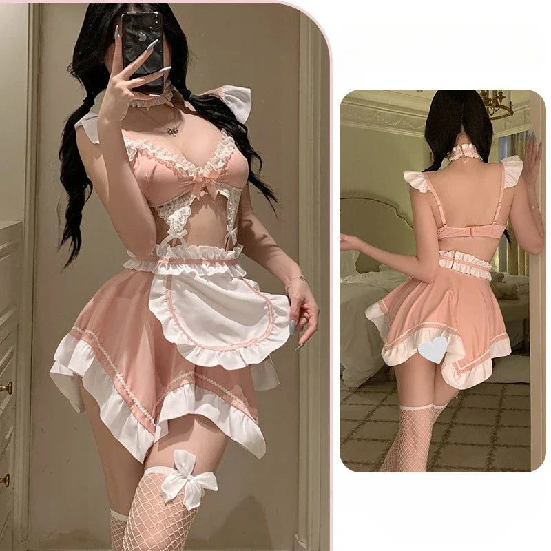 Toucheart Lace Bow Knot Ace Up COS Maid Outfit Slim High Waisted Mesh Girl Maid Outfit