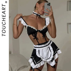 Toucheart Lace Bow Knot Ace Up COS Maid Outfit Slim High Waisted Mesh Girl Maid Outfit