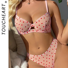 Toucheart Lace Lingerie Panty2PCS Love Set Slim Plunge Spaghetti Strap Mesh Private Adult Suit