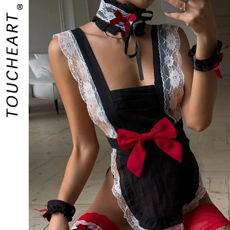 Toucheart Maid Cosplay Lace Uniform Slim See-through Bow Knot Premium Cute Set
