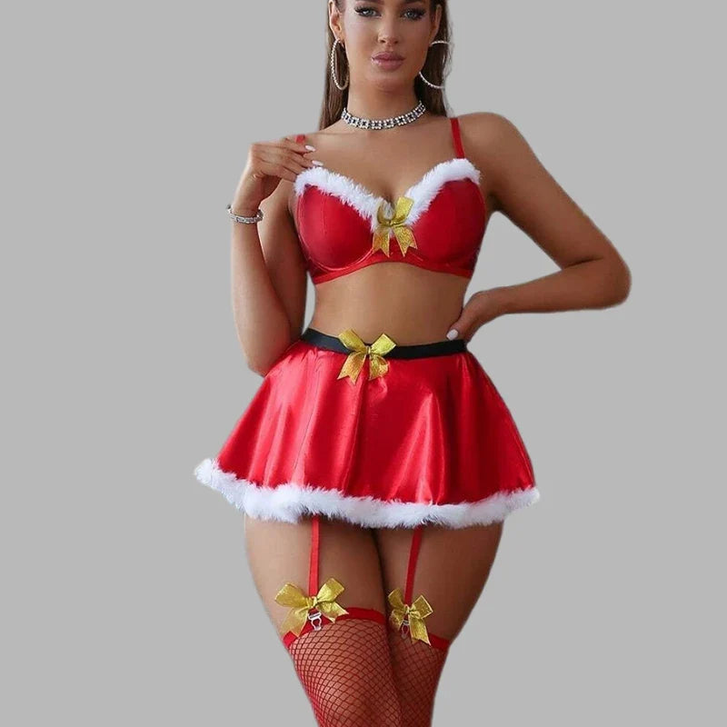 Toucheart Mesh Slim Christmas Underwear Net Socks High Waisted Bow Knot Lace Up Plunge Set