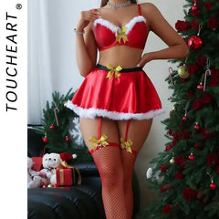 Toucheart Mesh Slim Christmas Underwear Net Socks High Waisted Bow Knot Lace Up Plunge Set