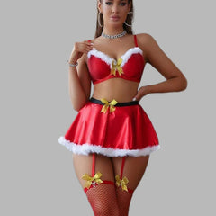 Toucheart Mesh Slim Christmas Underwear Net Socks High Waisted Bow Knot Lace Up Plunge Set