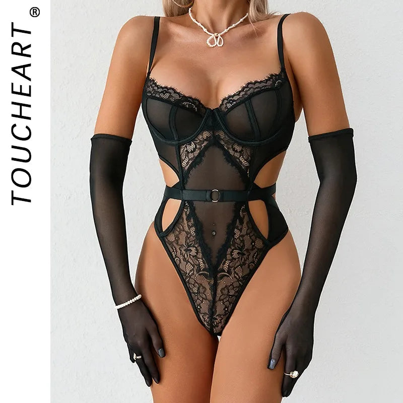Toucheart Sling Jumpsuit Gloves Lace Backless See-through PremiumMesh Charming Bodysuit Set