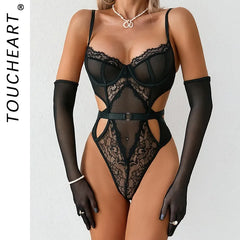 Toucheart Sling Jumpsuit Gloves Lace Backless See-through PremiumMesh Charming Bodysuit Set