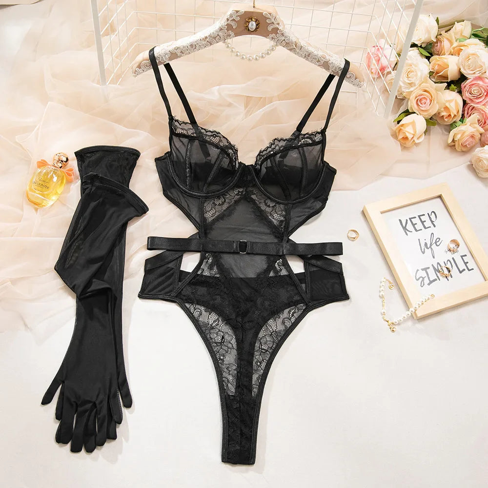 Toucheart Sling Jumpsuit Gloves Lace Backless See-through PremiumMesh Charming Bodysuit Set