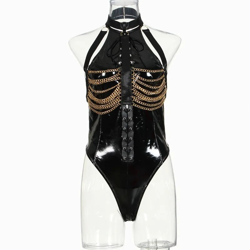 Toucheart Patent Leather Uniform Onesie with Metal Chain Detail Adult Passionate Underwear Temptation Uniform Suit