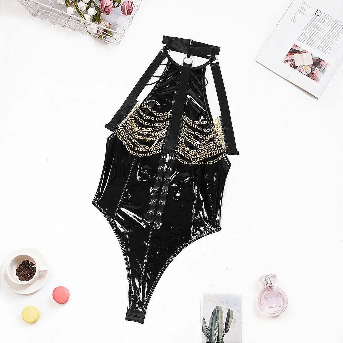 Toucheart Patent Leather Uniform Onesie with Metal Chain Detail Adult Passionate Underwear Temptation Uniform Suit