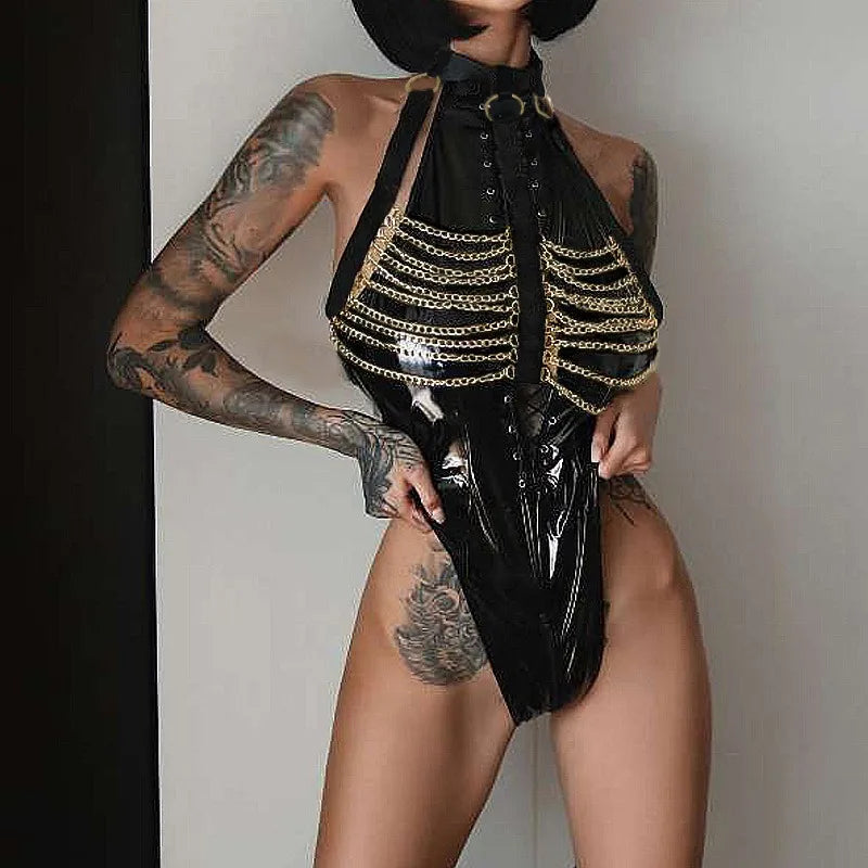 Toucheart Patent Leather Uniform Onesie with Metal Chain Detail Adult Passionate Underwear Temptation Uniform Suit