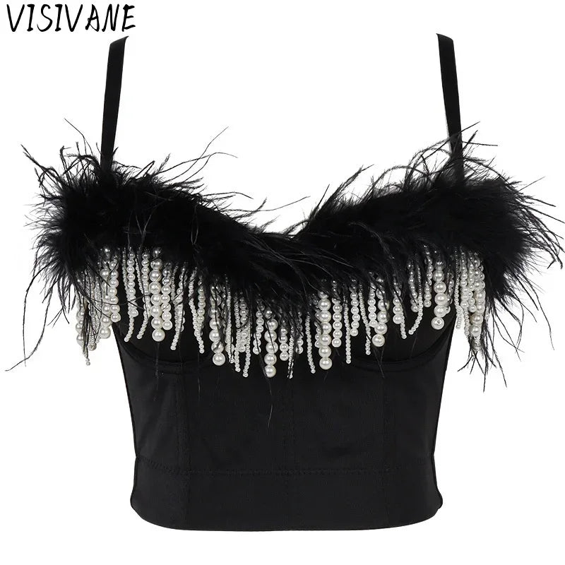 Visivane Tassel Feather Tanks Tops Streetwear Shirt Bra Blusa Camis Crop Top Corset