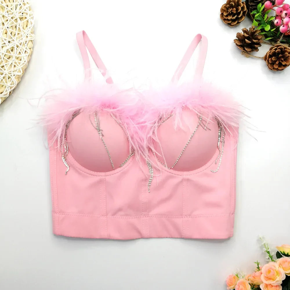 Visivane Tassel Feather Tanks Tops Streetwear Shirt Bra Blusa Camis Crop Top Corset