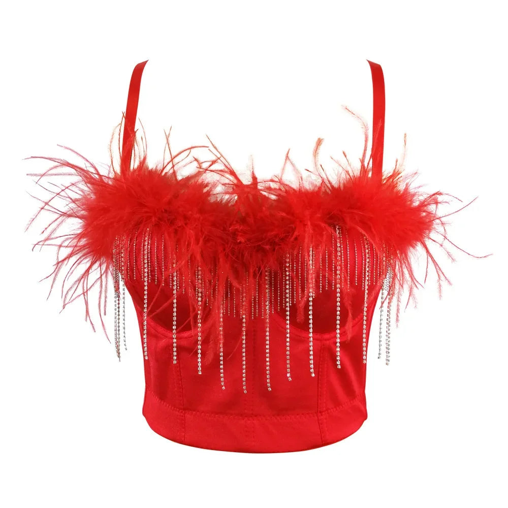 Visivane Tassel Feather Tanks Tops Streetwear Shirt Bra Blusa Camis Crop Top Corset