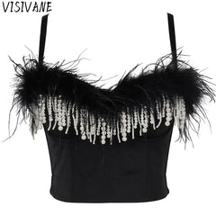 Visivane Tassel Feather Tanks Tops Streetwear Shirt Bra Blusa Camis Crop Top Corset