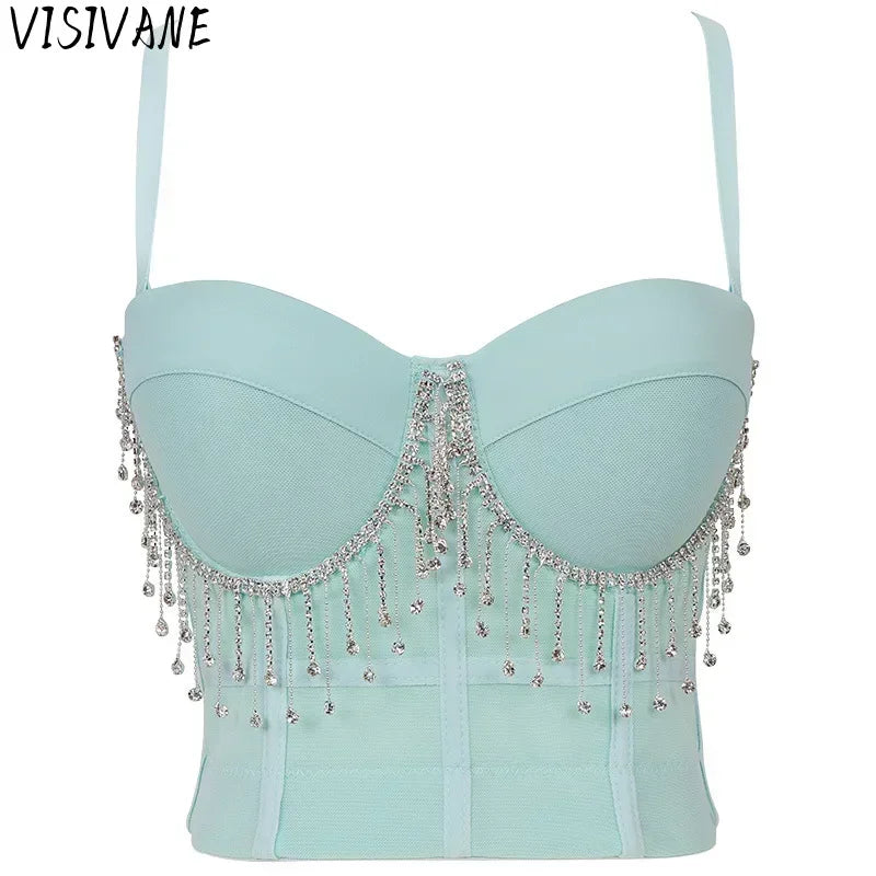 Visivane Tops Corset Y2k Beading Club Ropa Mujer Sling Streetwears Party