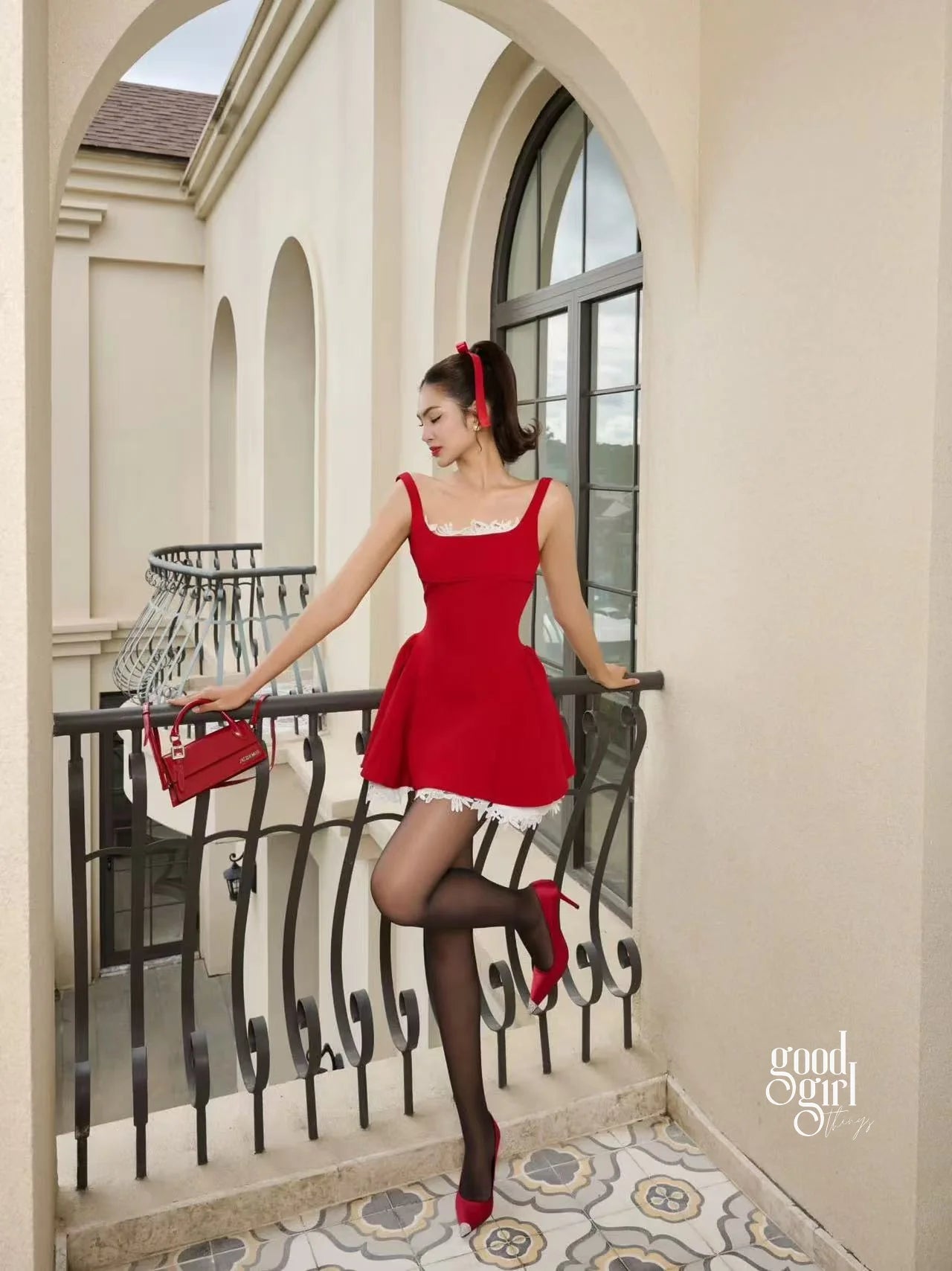 Adelyne Square-Neck Bow Back Mini Dress