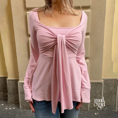 Annabel Pink Bow Square Neck Top