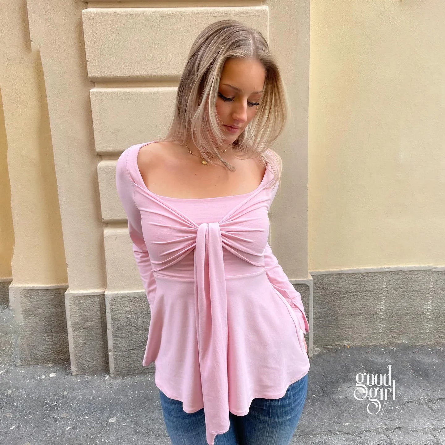 Annabel Pink Bow Square Neck Top