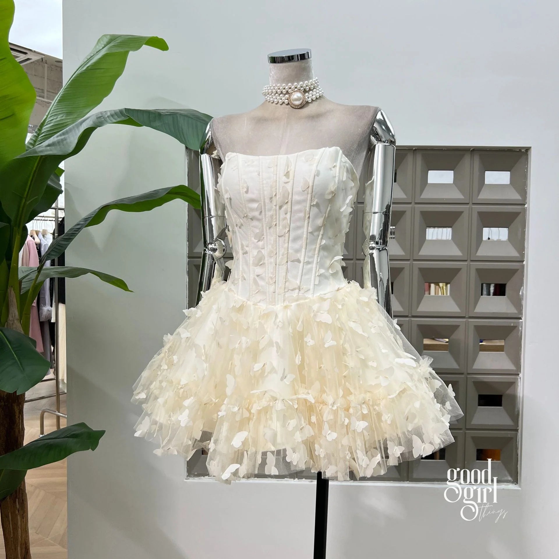 Butterfly Applique Corset Mini Dress - Cream