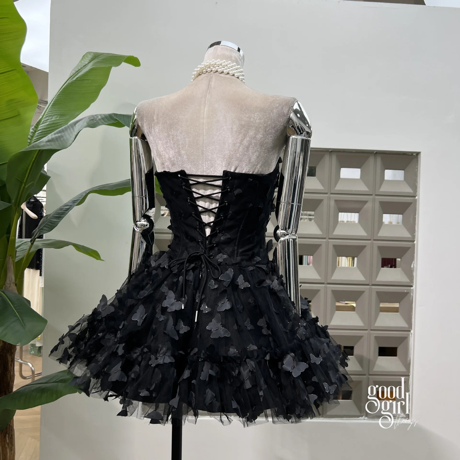 Butterfly Applique Corset Mini Dress - Black
