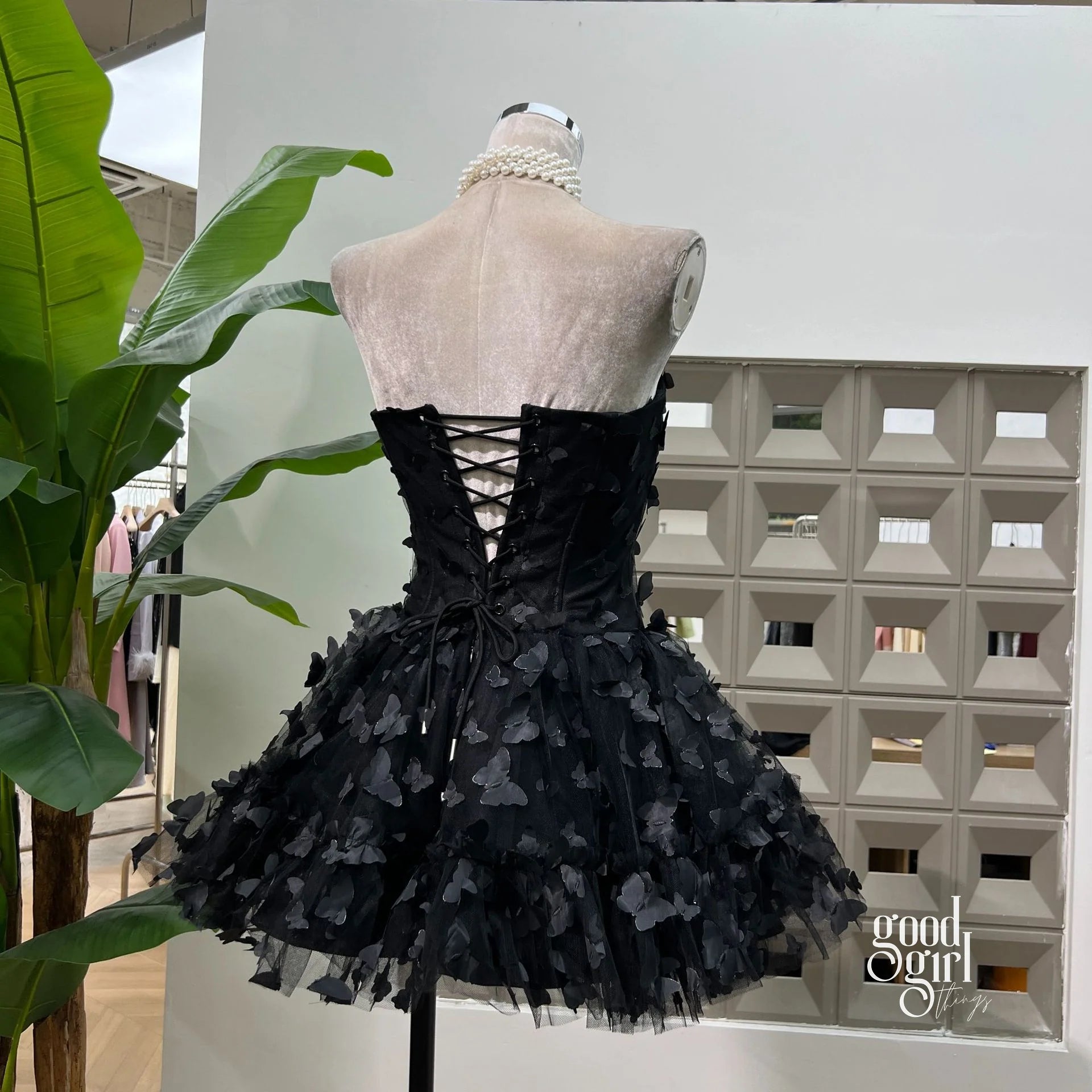 Butterfly Applique Corset Mini Dress - Black