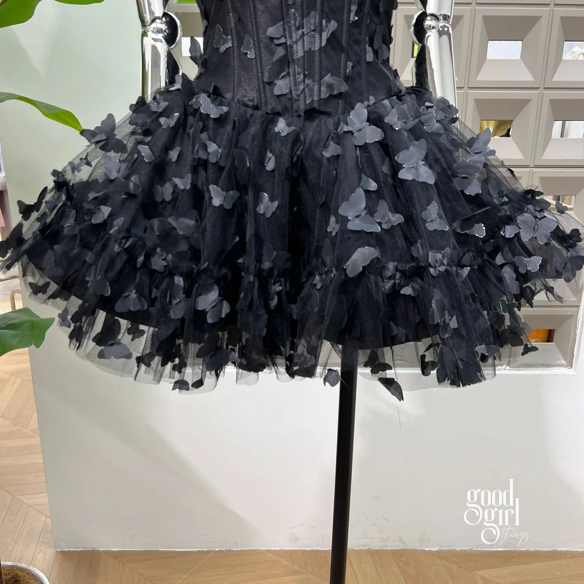Butterfly Applique Corset Mini Dress - Black