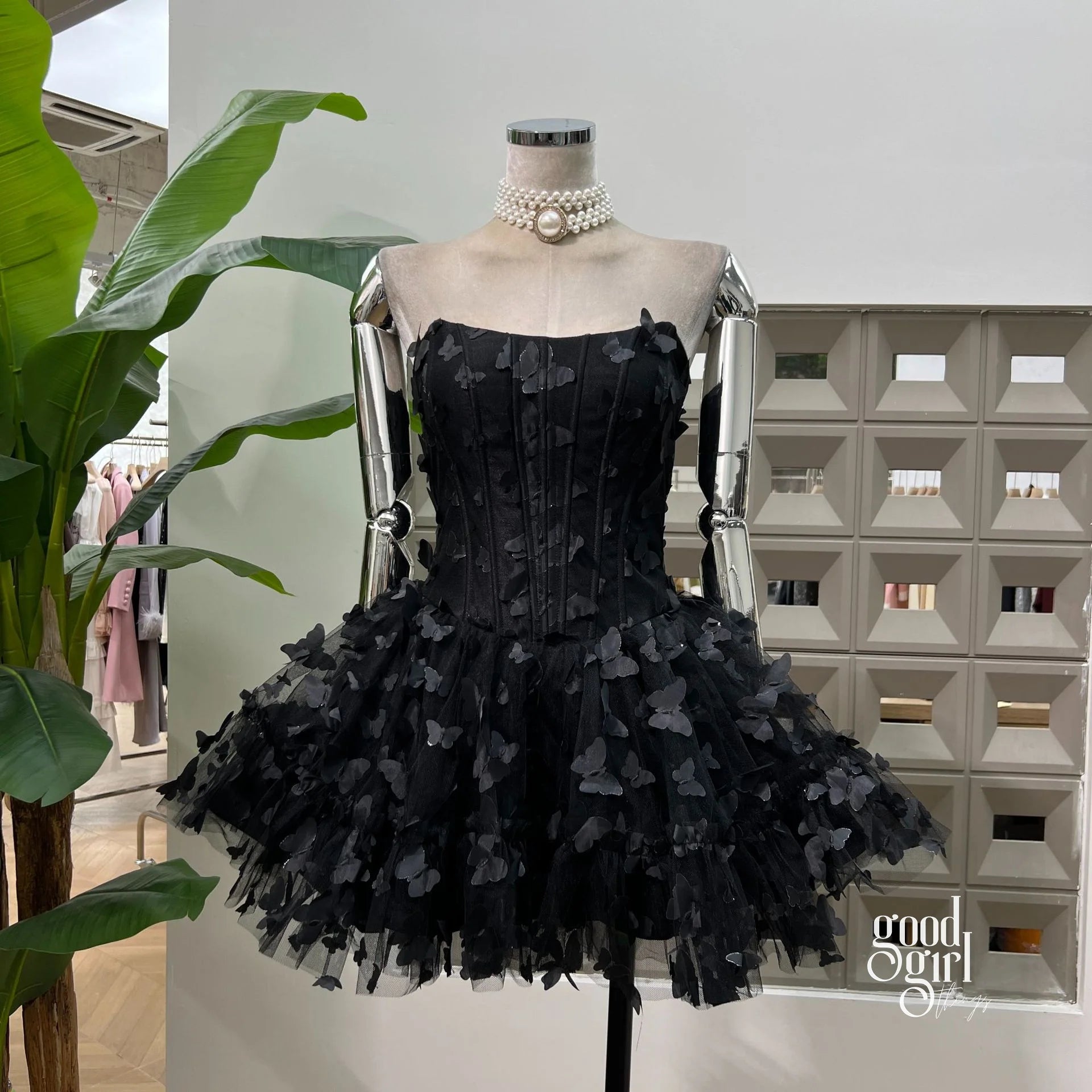 Butterfly Applique Corset Mini Dress - Black