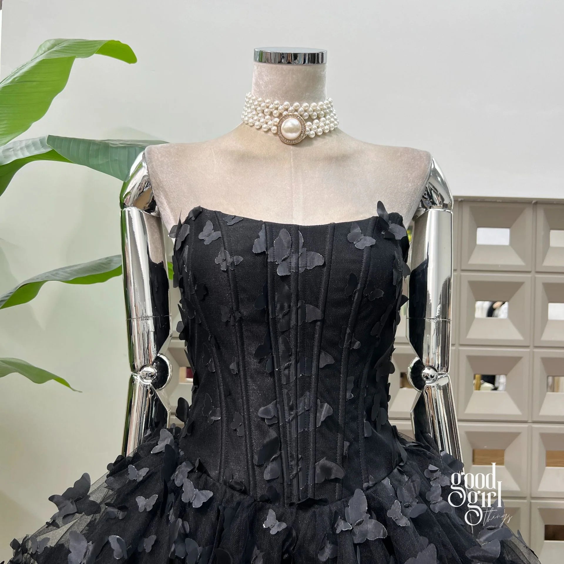Butterfly Applique Corset Mini Dress - Black