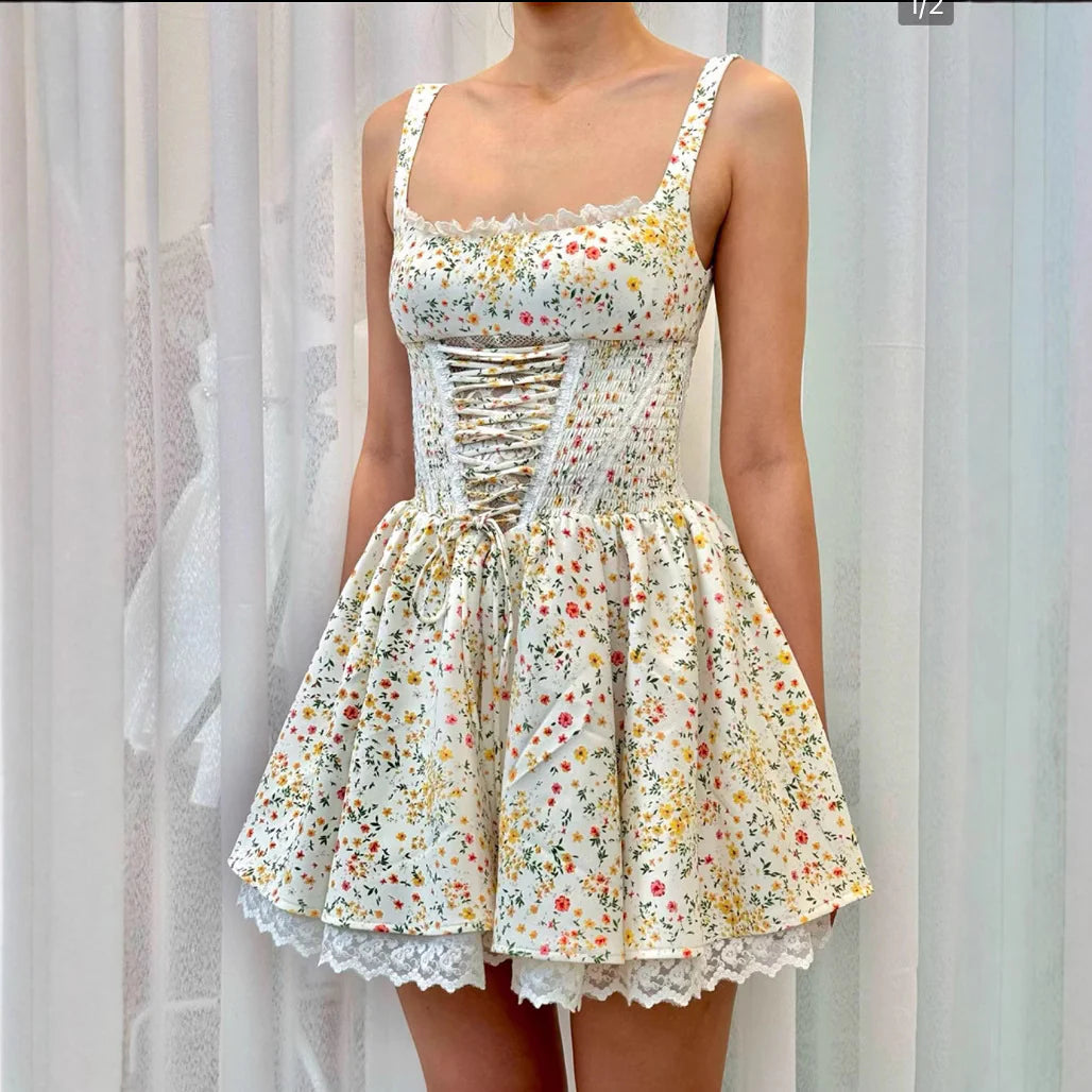 Callan Lace Trim Floral Corset Mini Dress