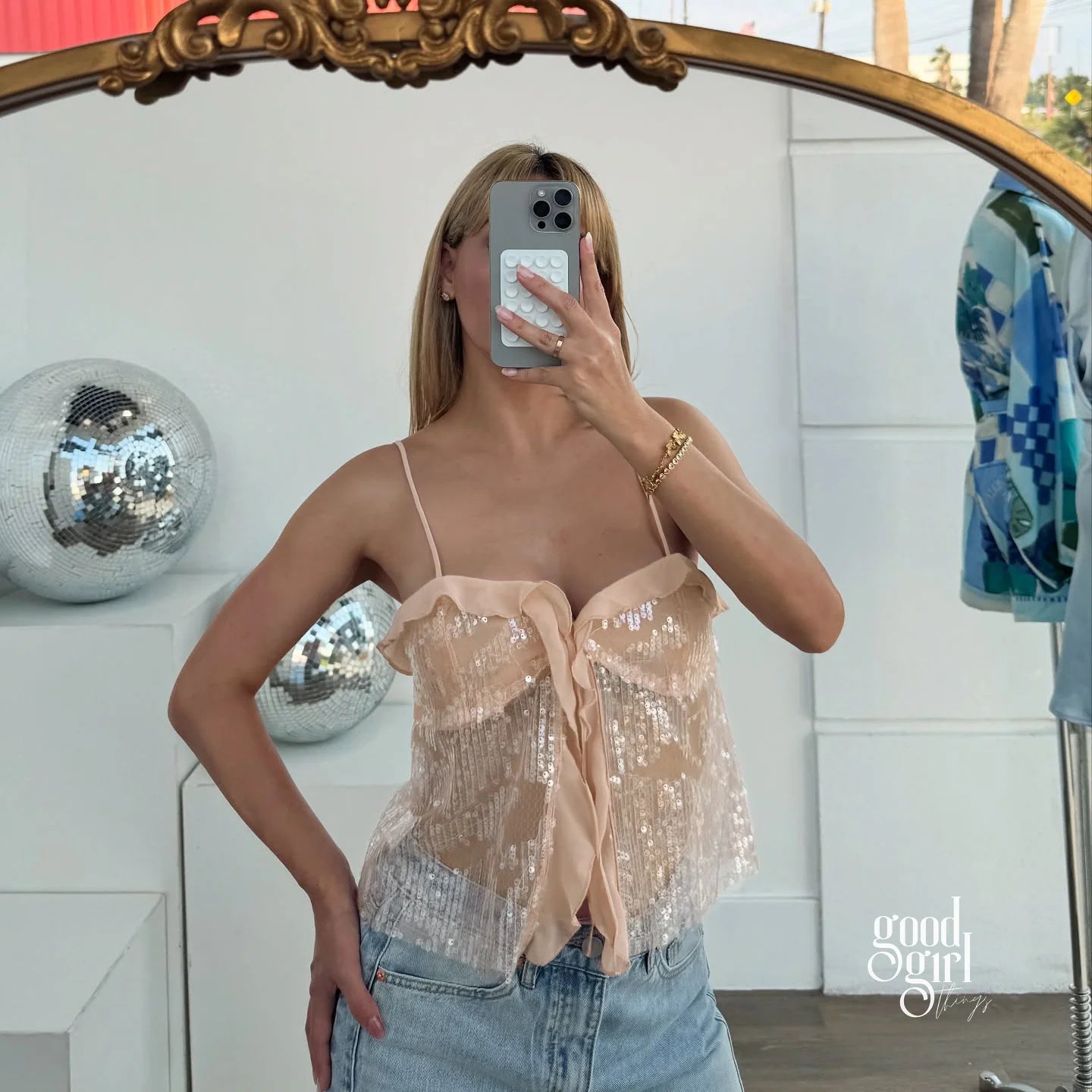 Delylah Sheer Sequin Halter Top