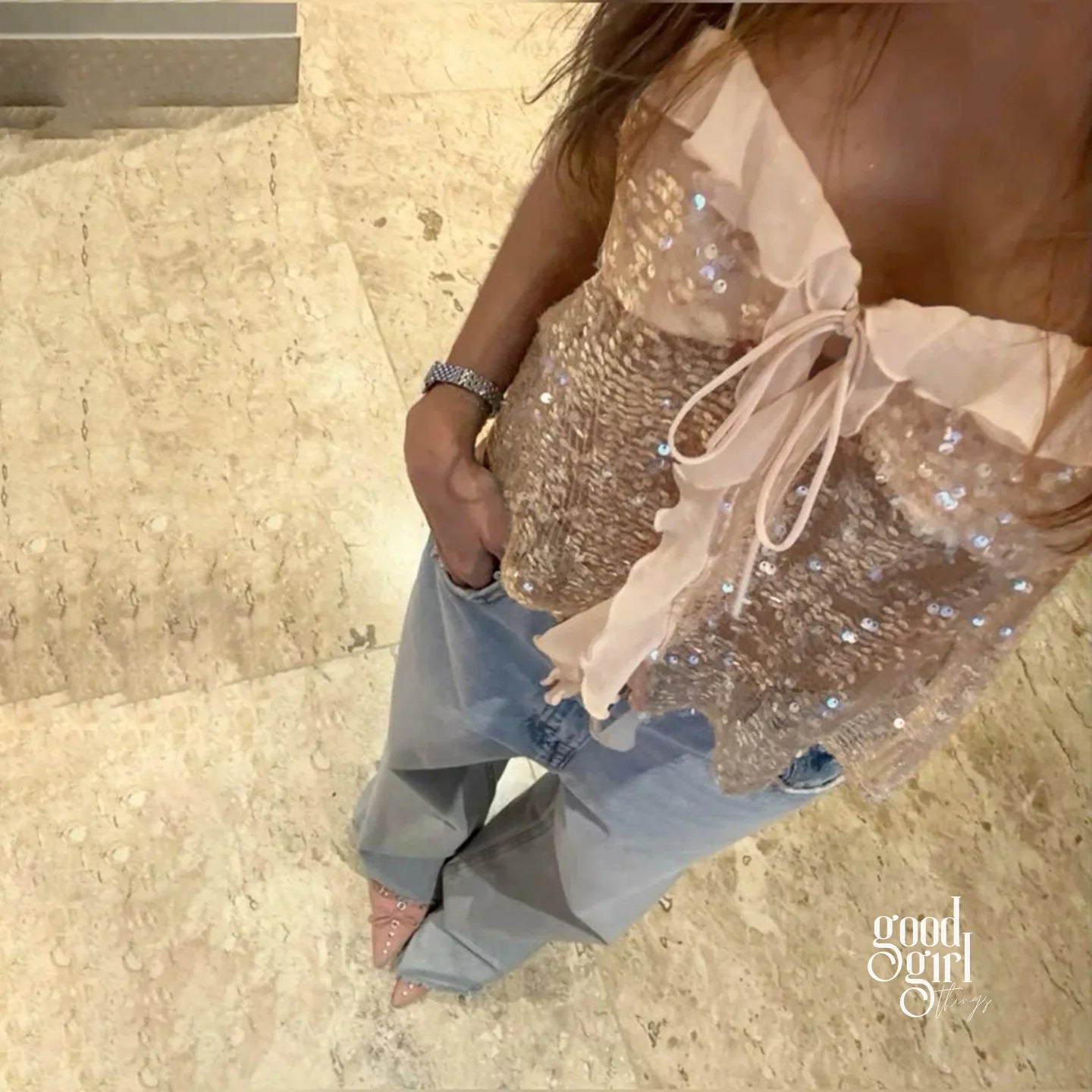 Delylah Sheer Sequin Halter Top