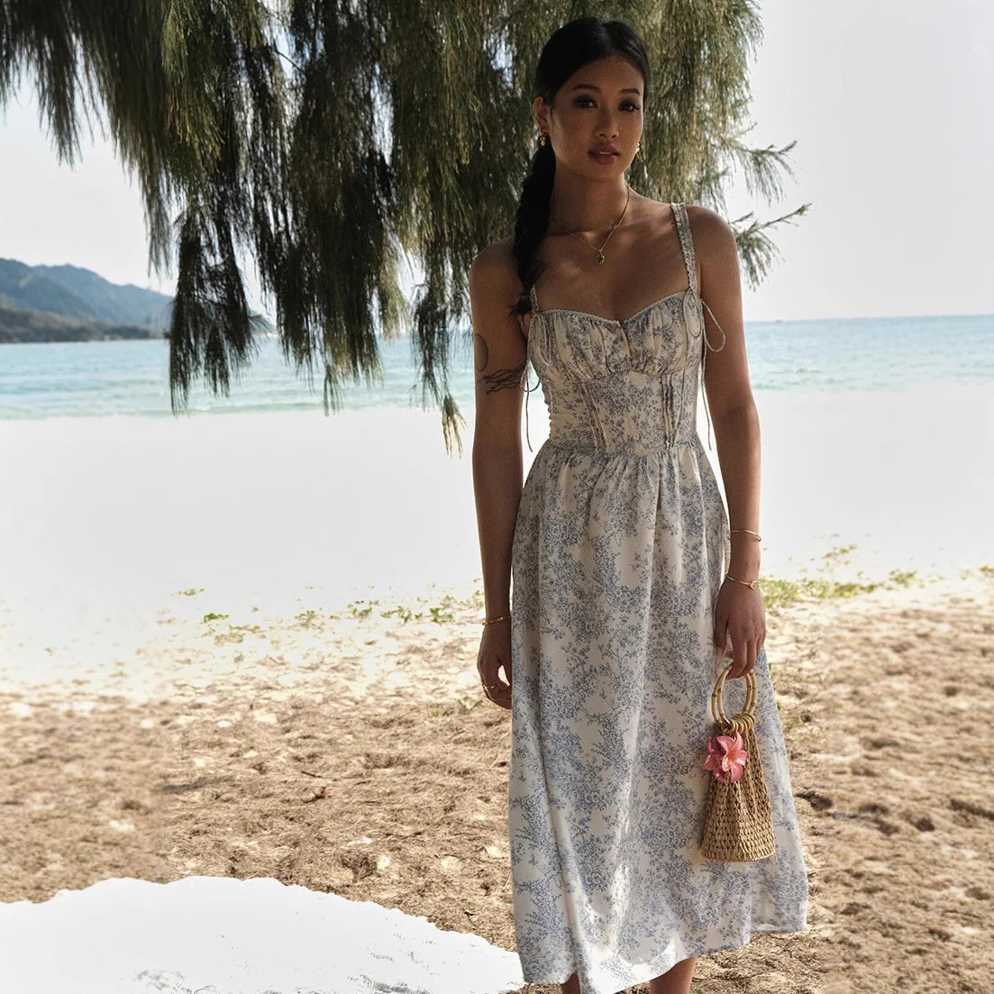 Heba Floral Lace-Up Midi Dress
