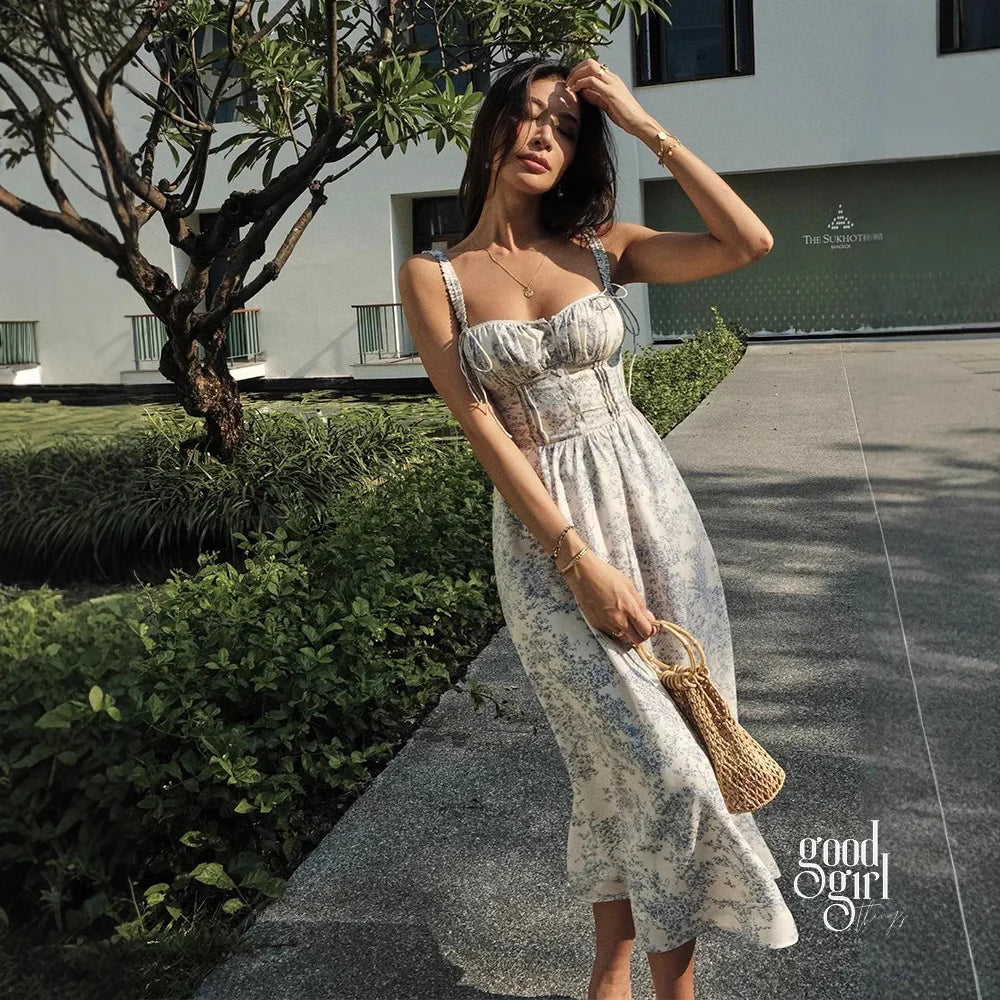 Heba Floral Lace-Up Midi Dress