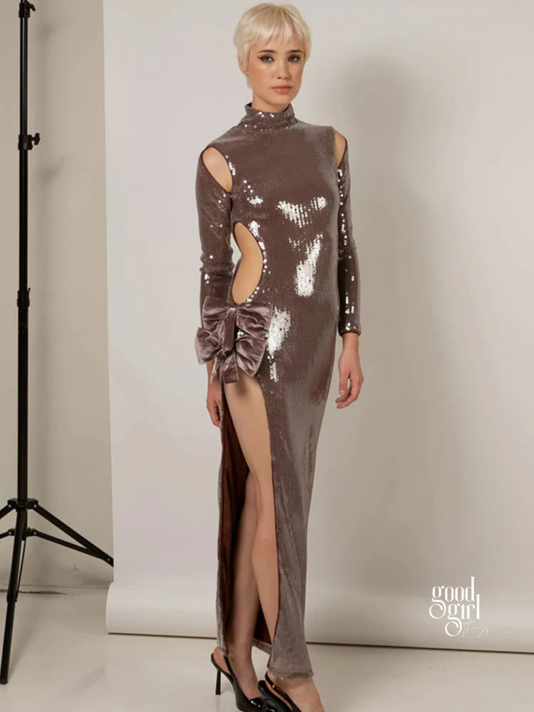 Kaylin Sequin Bow Slit Gown