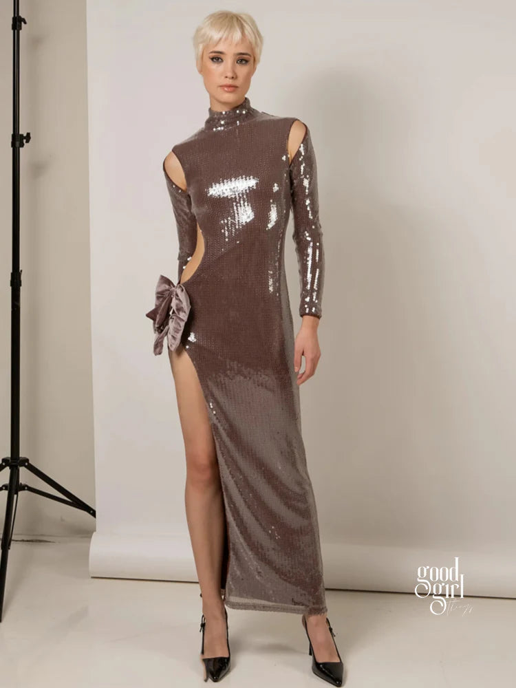Kaylin Sequin Bow Slit Gown