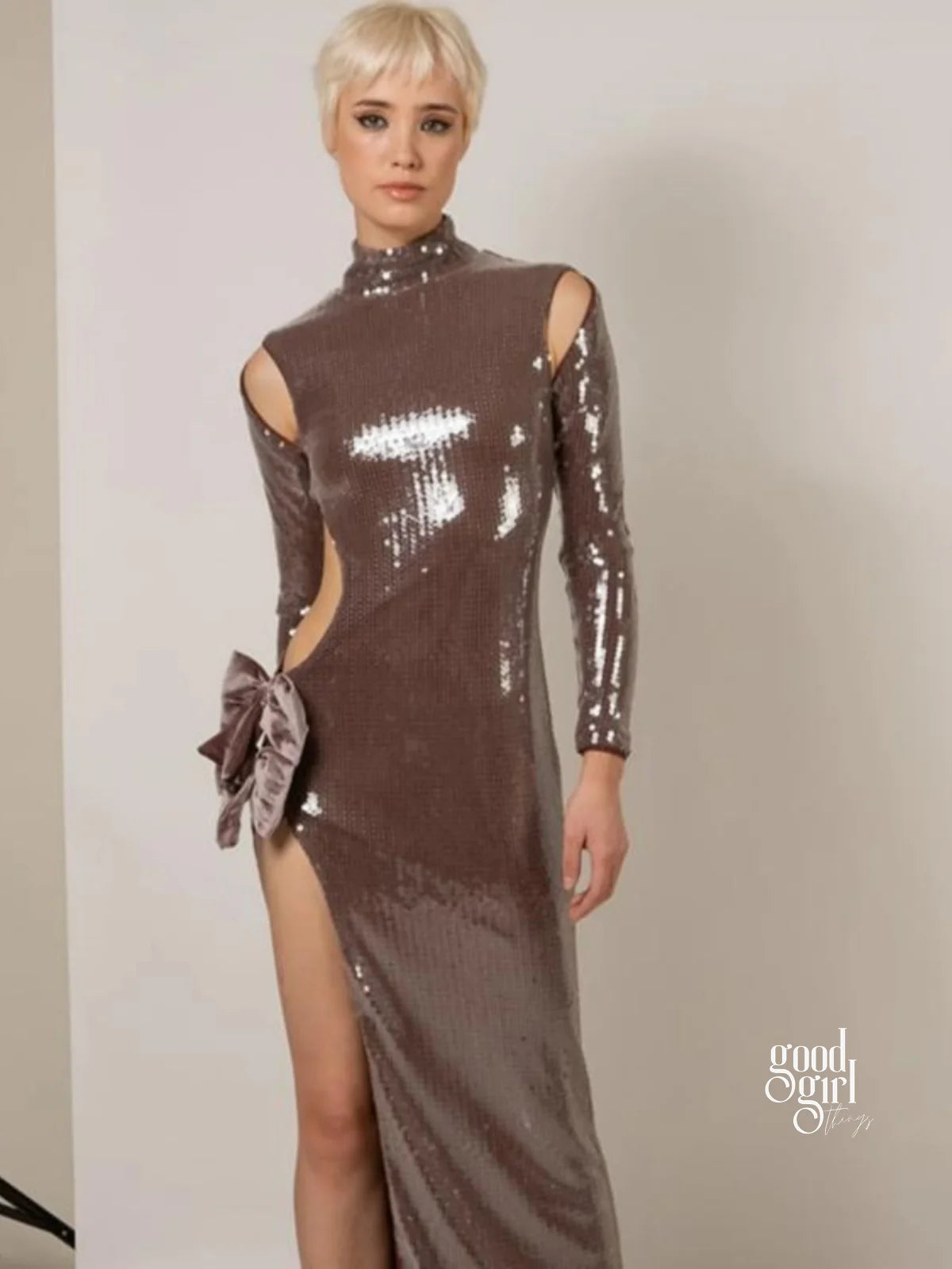 Kaylin Sequin Bow Slit Gown