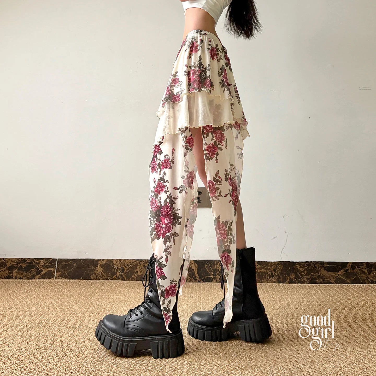 Kit Rose Print Asymmetric Skirt